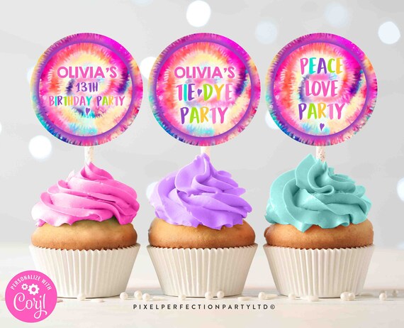 Editable Tie Dye Cupcake Toppers Tie Dye Party Favor Tag Toppers Stickers Hippie Birthday Party Rainbow Tie Dye Party Instant Download TD Il_570xn