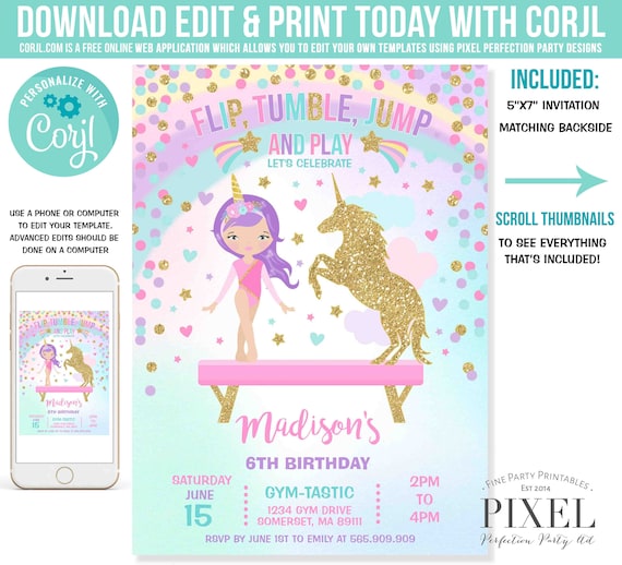 Gymnastics Unicorn Invitation Unicorn Gymnastics Invitation Gymnastics Party Magical Gymnastics Party Instant Download Editable PDF 01 Il_570xn
