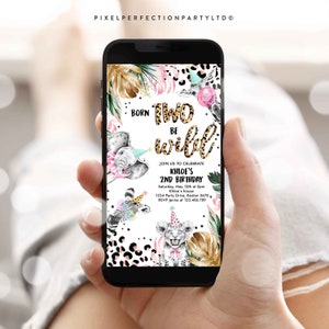 Editable Two Wild Leopard Print Safari Animals Birthday Party Evite Invitation Two Wild Electronic Text Message Invite Instant File 4ER