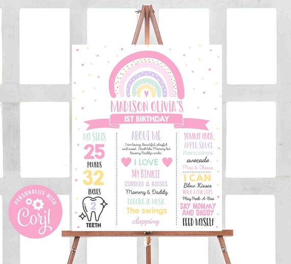Editable Rainbow Birthday Milestone Poster Rainbow Birthday Stats Poster Modern Pastel Pink Rainbow 1st Birthday Party Instant Download RM Il_570xn