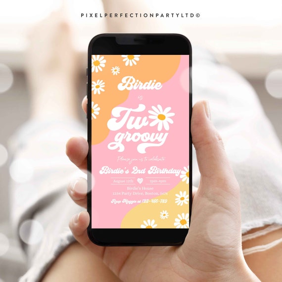 Editable Two Groovy 2nd Birthday Party Evite Invitation Boho Retro Hippie Floral 70's Electronic Text Message Invitation Instant Download J1 Il_570xn