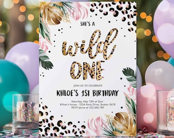 Editable Wild One Leopard Print Jungle Birthday Party Invitation Leopard Print Wild One 1st Birthday Party Download GY