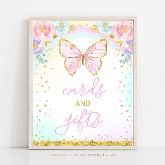 Butterfly Baby Shower Cards And Gift Sign Pink & Gold Floral Butterfly Baby Shower Decorations Garden Tea Party Shower Instant Download BB Il_570xn