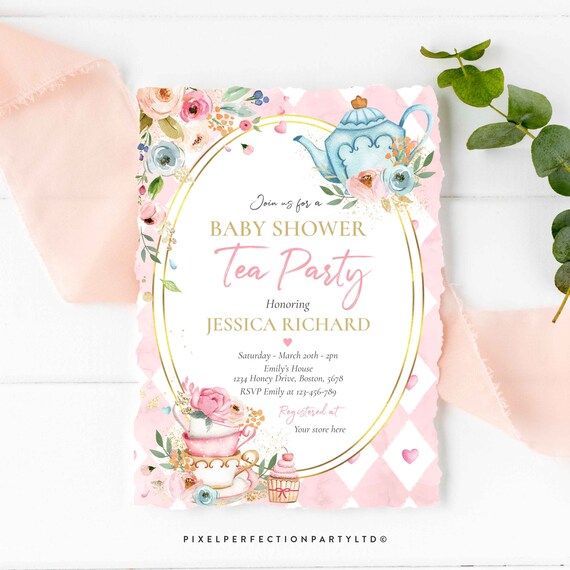 Editable Baby Shower Tea Party Invitation Pink & Gold Floral Girl A