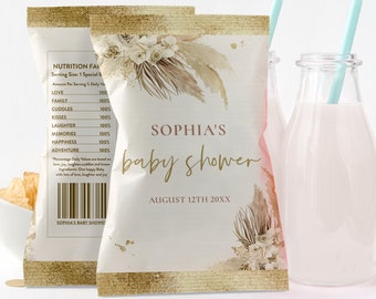 EDITABLE Pampas Grass Baby Shower Chip Bag Wrapper Labels Bohemian Baby Shower Party Favors Tropical Desert Baby Shower Instant Download P6