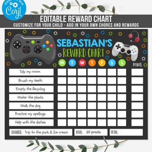 Op de afbeelding: Een zwart-witte printbare beloningskaart voor kinderen met een videogamethema. De kaart heeft ruimte voor de naam van een kind, een lijst met klusjes en een raster om de punten te volgen die elke dag worden verdiend. De beloning is een uitstapje naar het park en ijs. Het doel is 60 punten.