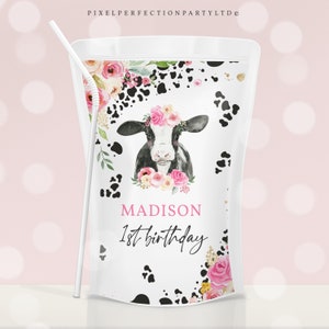 Editable Cow Birthday Party Juice Pouch Labels Holy Cow I&#39;m One Birthday Decor Floral Farm Cow 1st Birthday Instant Download Editable CJ