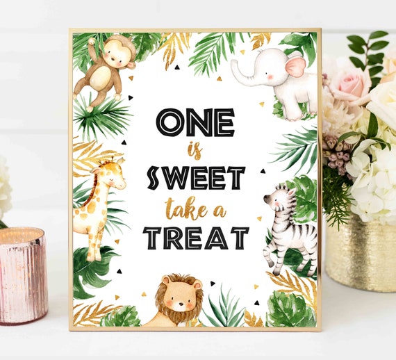 One Is Sweet Safari Table Sign Black & Gold Jungle Animals Table Sign Gold Animal Jungle Birthday Party Decor Instant Download Sign 25 Il_570xn