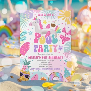 Editable Pool Party Invitation Tropical Splish Splash Girly Unicorn Pool Party Summer Swimming Pool Splash Pad Party Instant Download JC