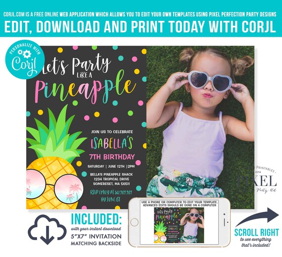 Party Like A Pineapple Invitation Tropical Pineapple Invitation Tropical Hawaiian Luau Pineapple Pool Party Instant Editable File Corjl U3 Il_570xn