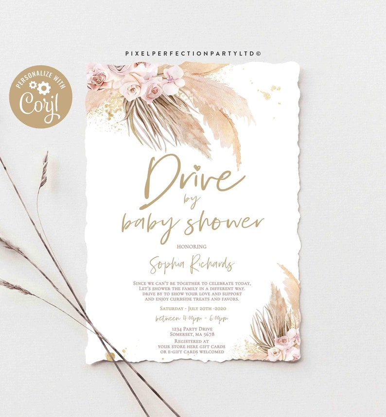 Editable Drive by Pampas Grass Baby Shower Invitation Bohemian Etsy
