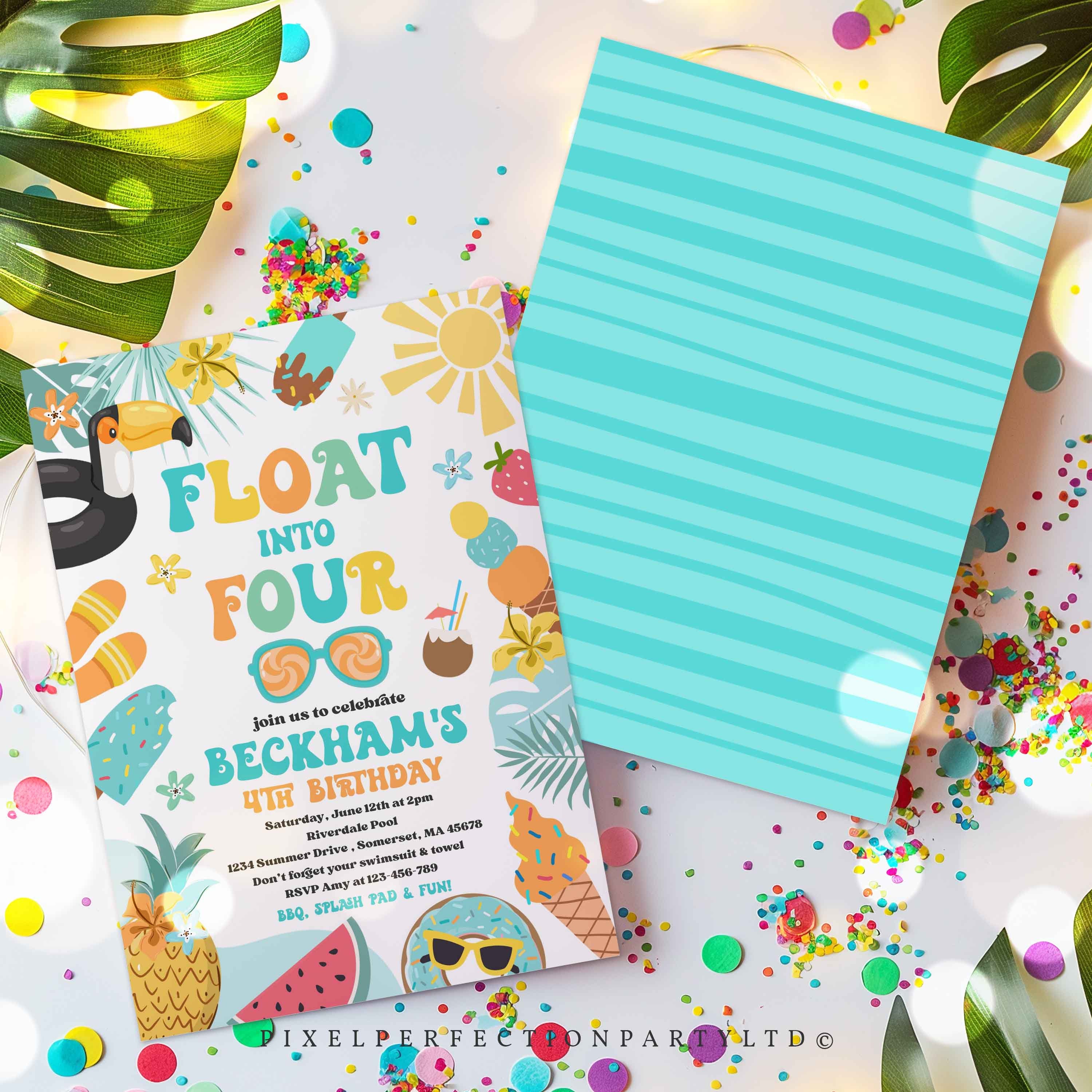 Floating Invite Editable Float Into Four 4th Birthday Pool Party Invitation Tropical ...