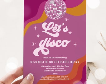 Editable Let's Disco Retro Birthday Party Invitation Groovy Retro 70s Disco Birthday Party Adult Birthday Any Age Party Instant Download DN