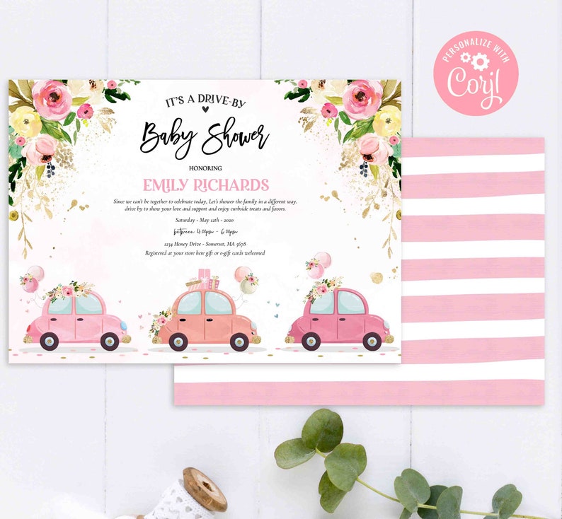 Editable Drive by Baby Shower Parade Invitation Pink Floral Etsy