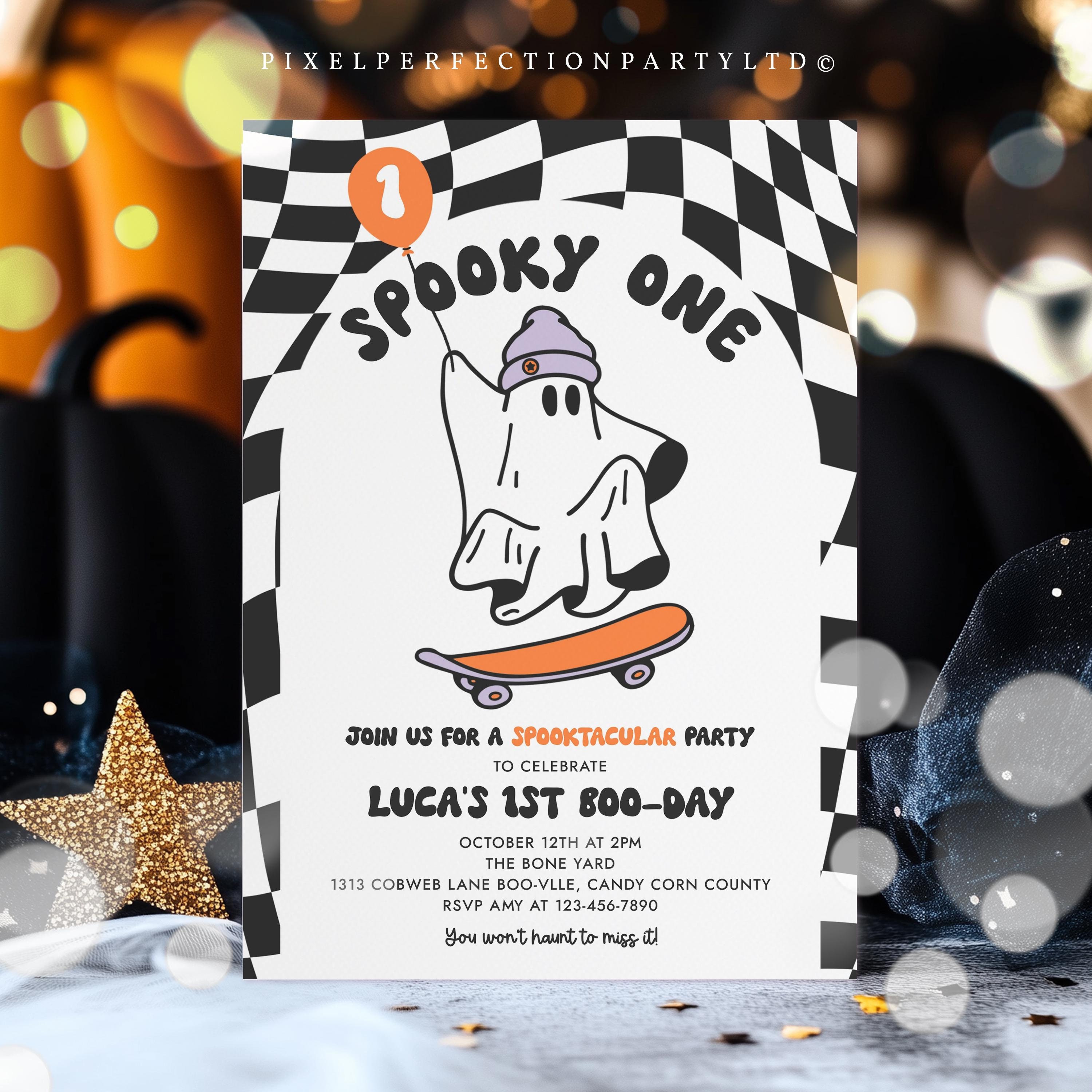 Editable Spooky One Halloween Ghost 1st Birthday Invitation Skateboarding Ghost Boy 1st Birthday Party Halloween Party Instant Download SG9