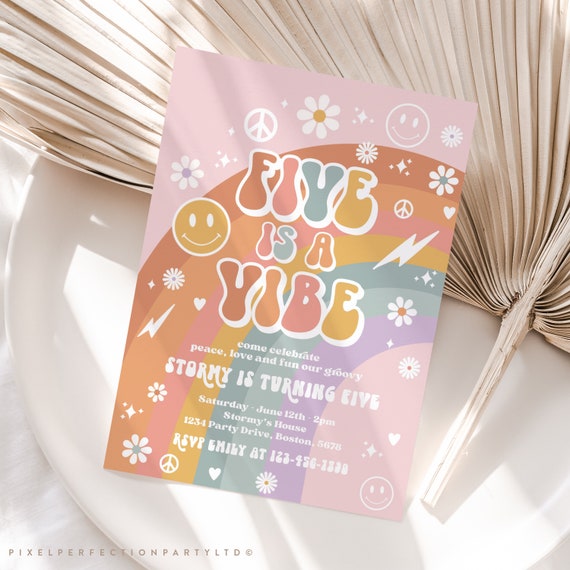 Editable Five Is A Vibe Groovy Birthday Party Invitation Peace Love Party Rainbow Party Hippie Groovy 70s 5th Birthday Instant Download GP Il_570xn