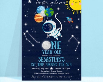 Editable Space 1st Birthday Invitation Houston We Have A One Year Old Rocket Ship Planets Galaxy Outer Space Party Instant Download SM
