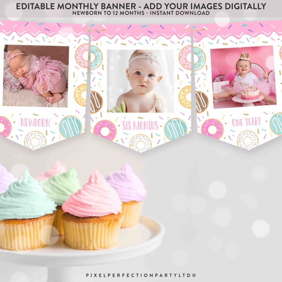 Editable Donut Monthly Photo Banner Pink Donut Grow Up Party 1st Birthday Monthly Banner Pastel Pink Donut Party Decor Instant Download E2 Il_570xn