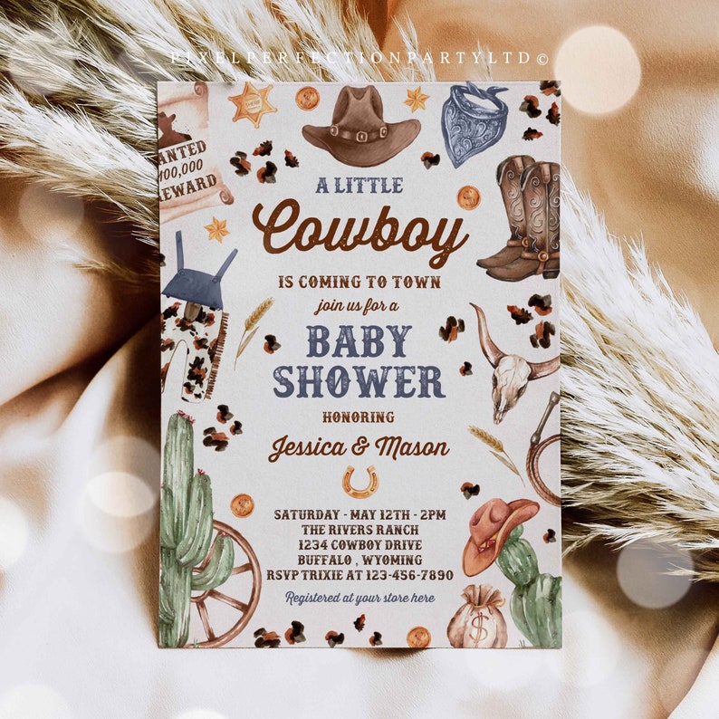 May include: A baby shower invitation with a watercolor illustration of a cowboy theme. The invitation features a cowboy hat, boots, cacti, and a skull. The text on the invitation reads "A Little Cowboy is Coming to Town" and includes the date, time, and location of the event.