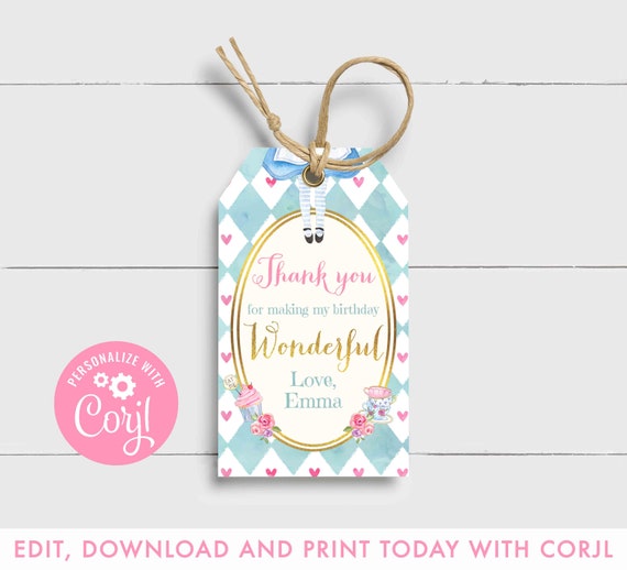 Alice In Wonderland Favor Tags Alice in Wonderland Thank You Tag Alice In Wonderland Birthday Party Favor Tag Instant Editable Corjl 8Z Il_570xn
