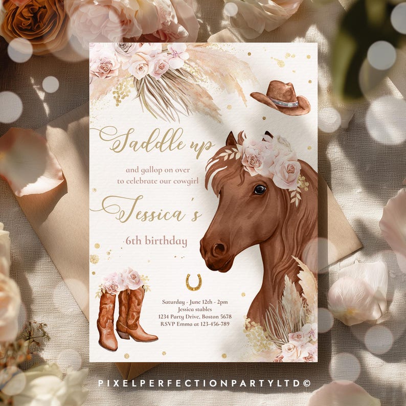 May include: A birthday invitation card featuring a brown horse with a floral crown, a brown cowboy hat, and brown leather boots. The text reads: Saddle up and gallop on over to celebrate our cowgirl Jessica's 6th birthday, Saturday, June 12th, 2pm, Jessica stables, 1234 Party Drive, Boston 5678, RSVP Emma at 123-456-789.