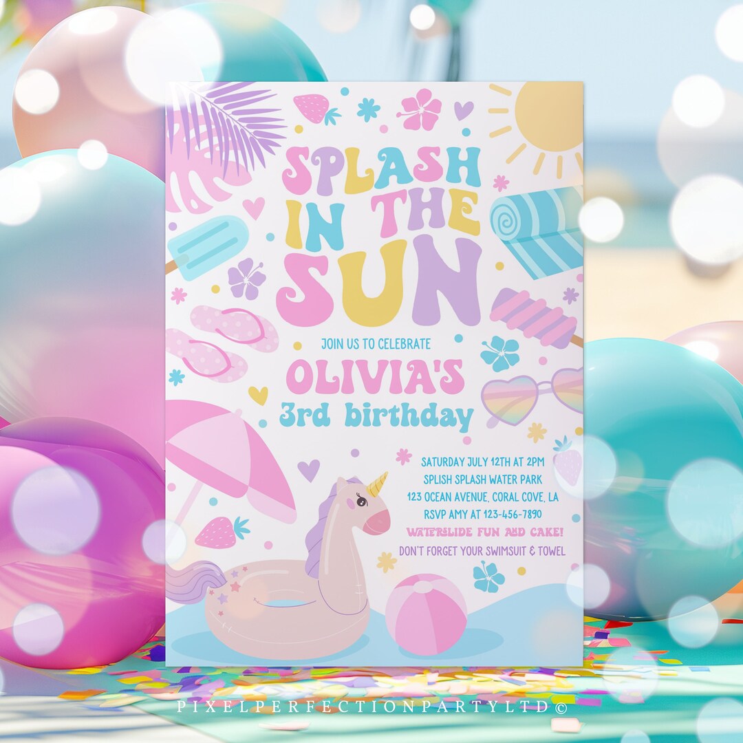 Editable Splash in the Sun Birthday Party Invitation Girly Tropical