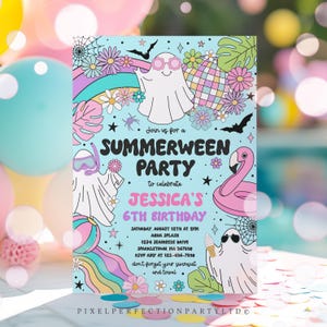 Editable Summerween Birthday Party Invitation Summer Halloween Ghost Birthday Groovy Rainbow Ghost Summer Pool Party Instant Download 37Y image 4