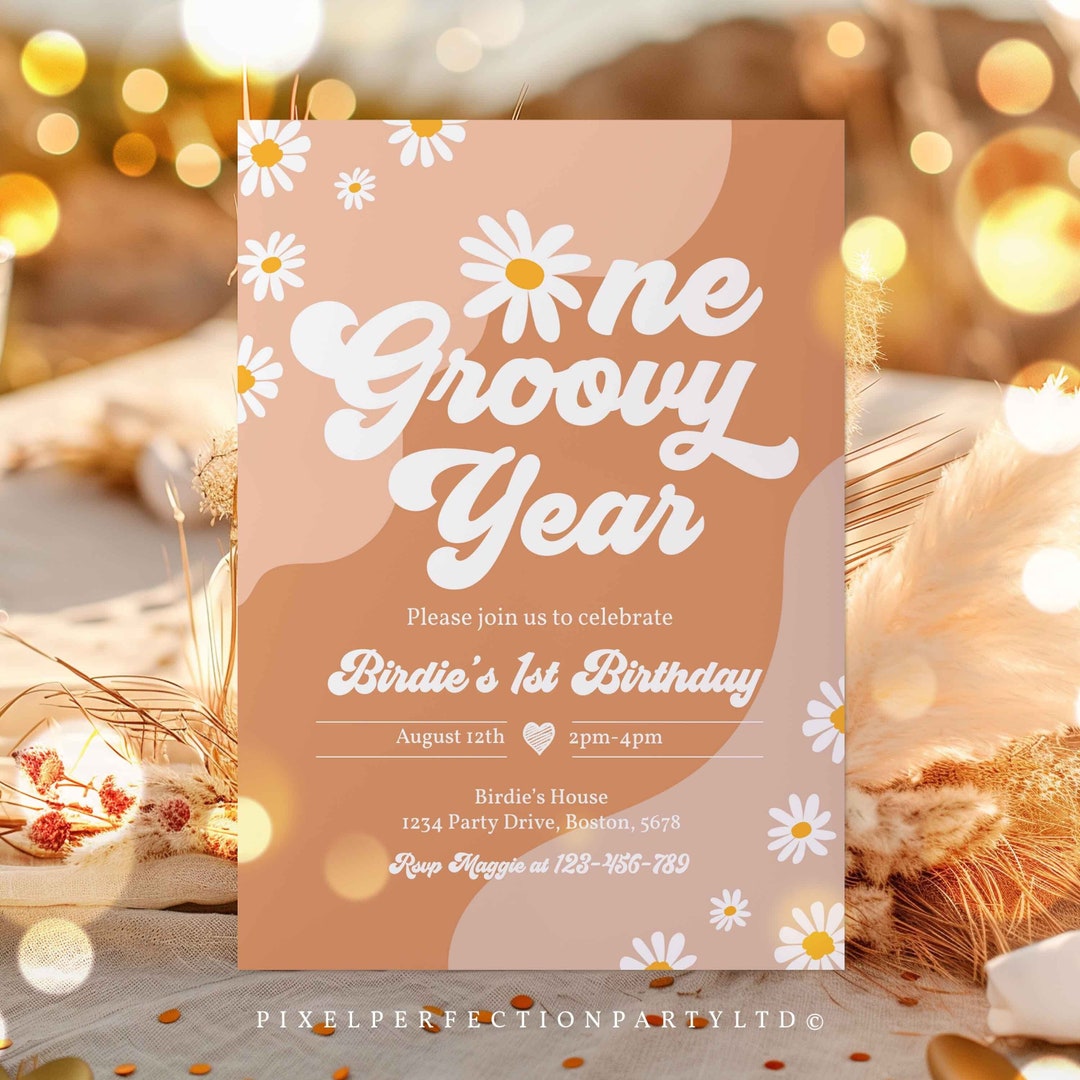 Editable One Groovy Year 1st Birthday Party Invitation Boho Retro ...