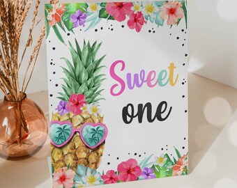 Hawaiian Luau Birthday Sweet One Table Sign Pineapple 1st Birthday Party Luau Birthday Luau Pineapple Pool Party Instant download P5