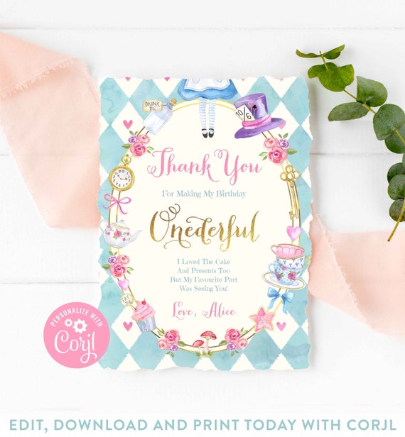 Alice in Onederland First Birthday Thank Your Card Folded or Flat Baby Shower Thank You Card Alice Alice in Wonderland Thank You Card