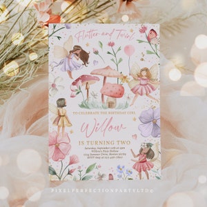 May include: A whimsical invitation with the text "Flutter and Twirl" and "Willow is turning two." The design features illustrations of fairies, mushrooms, flowers, and butterflies in soft pinks, purples, and greens. The invitation includes event details.