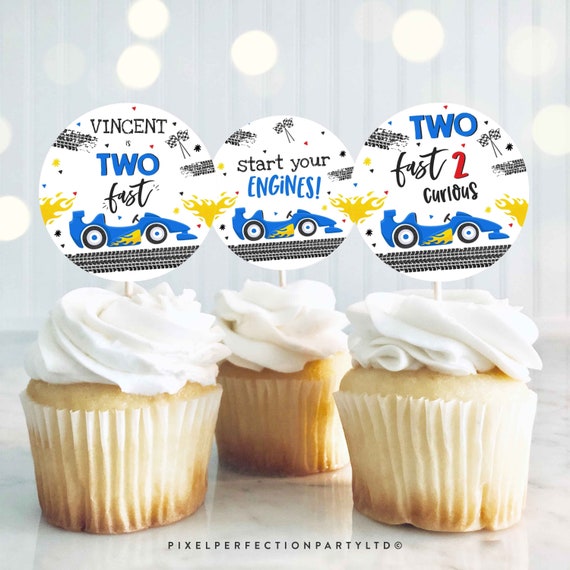 Editable Two Fast Cupcake Toppers Race Car Party Favor Tags 2nd