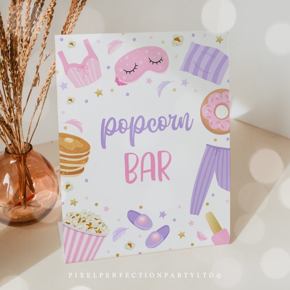 Slumber Birthday Party Popcorn Bar Sign Sleepover Birthday Party
