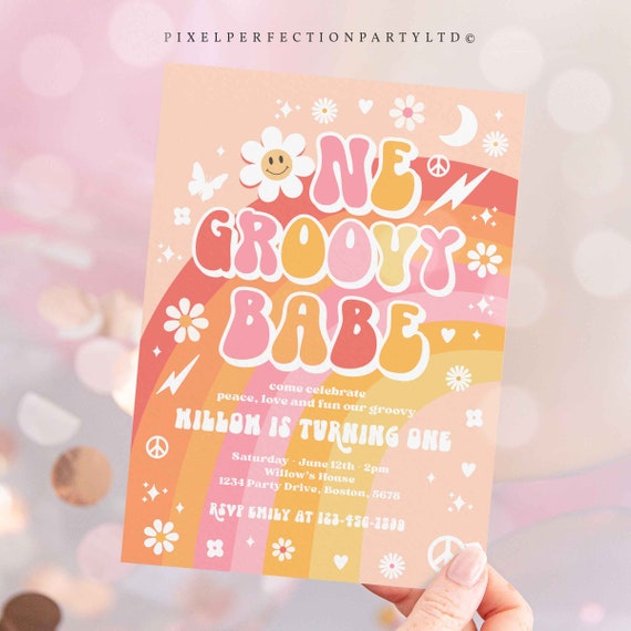 Editable One Groovy Babe Birthday Party Invitation Groovy One Birthday ...
