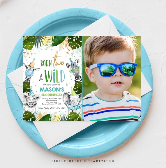 Editable Born Two Be Wild Birthday Invitation Safari Animal Invite Born Two Be Wild 2nd Birthday Monochrome Jungle Party Instant Download PS Il_570xn