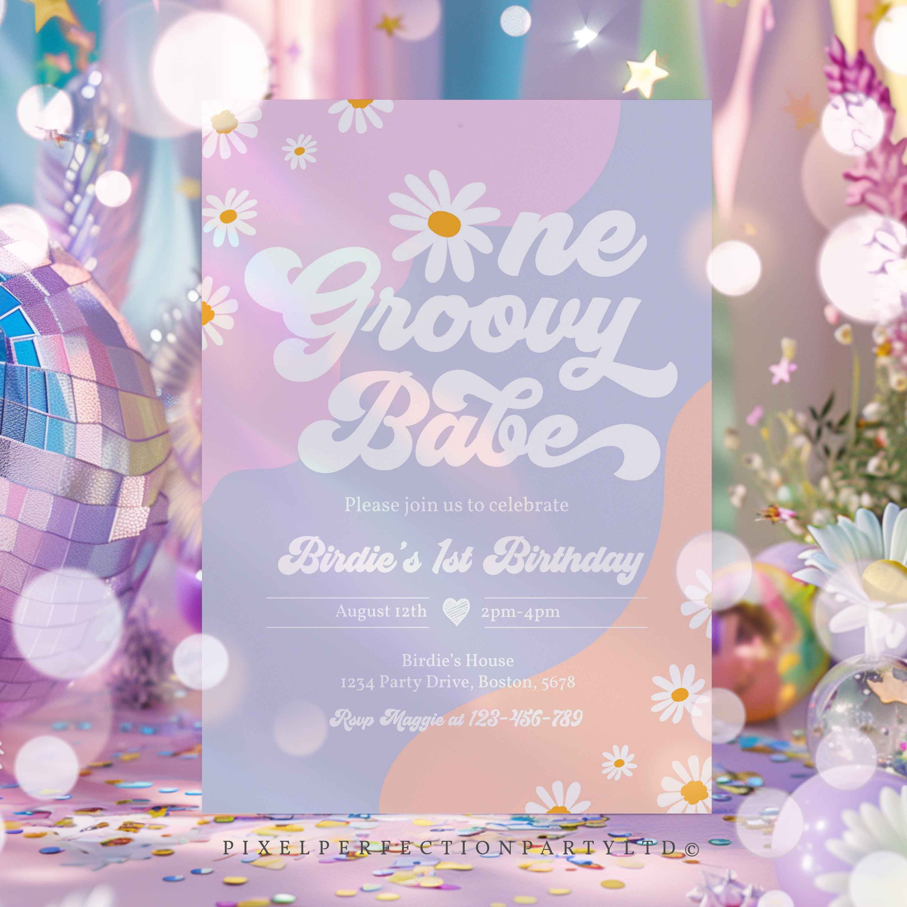 Editable One Groovy Baby 1st Birthday Party Invitation Boho Retro ...