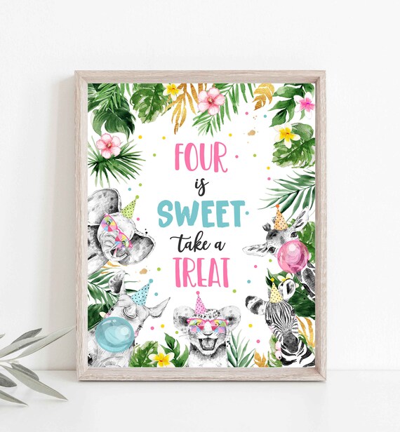 Four is Sweet Safari Birthday Sign Party 4th Birthday Sign Wild One Birthday Party Decor Safari Animals Favor Sign Instant Download Sign PS Il_570xn