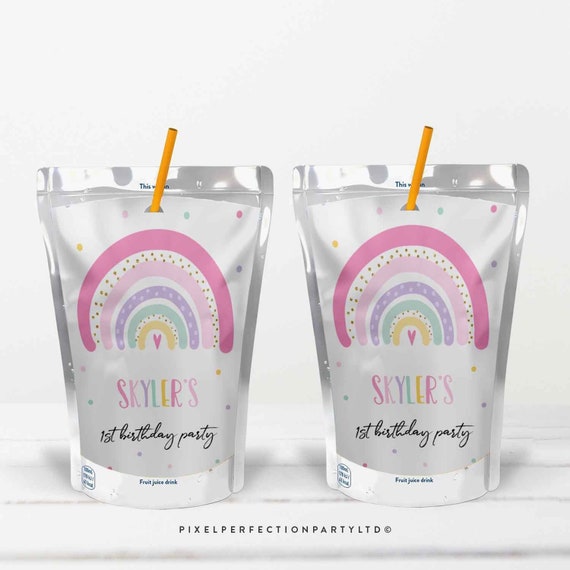 Editable Rainbow Birthday Party Favor Labels Pink Pastel Rainbow Juice Cup Labels Party Juice Pouch Labels Rainbow Party Instant Download RM Il_570xn