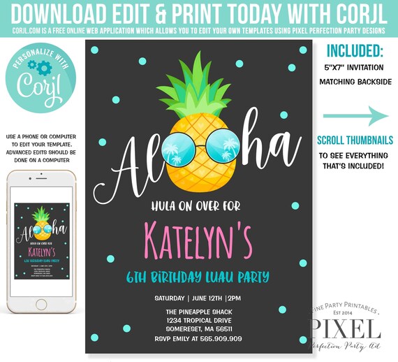 Luau Birthday Invitation Pineapple Luau Invitation Hawaiian Luau Invite Pineapple Hawaiian Luau Pool Party Instant Editable File Corjl 05 Il_570xn