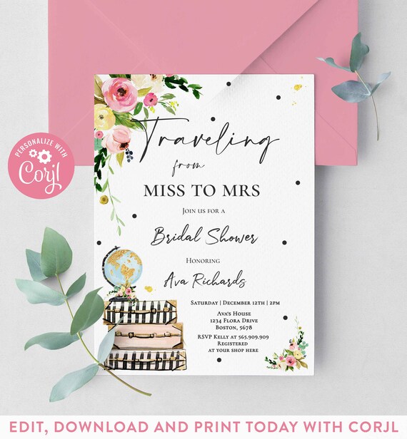 Traveling From Miss to Mrs Bridal Shower Invitation Floral Travel Bridal Shower Miss To Mrs Bridal Shower Instant Download Editable File MM Il_570xn