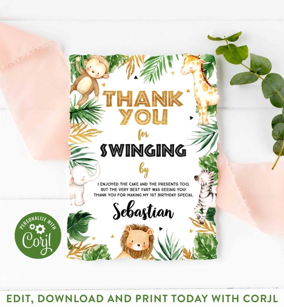 Download Editable Safari Thank You Card Birthday Jungle Safari Thank You Card Thank You For Swinging By Thank You Card Instant Download File 25 By Pixel Perfection Party Ltd Catch My Party