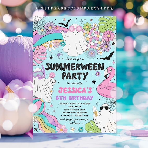 Editable Summerween Birthday Party Invitation Summer Halloween Ghost Birthday Groovy Rainbow Ghost Summer Pool Party Instant Download 37Y