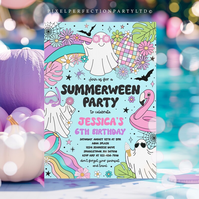 Editable Summerween Birthday Party Invitation Summer Halloween Ghost Birthday Groovy Rainbow Ghost Summer Pool Party Instant Download 37Y image 1