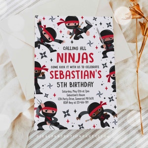 May include: A white and red birthday invitation with a ninja theme. The invitation says "Calling all Ninjas" and "Come kick it with us to celebrate Sebastian's 5th Birthday". The invitation includes a date, time, address, and RSVP information.