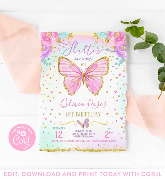 Butterfly Birthday Invitation Butterfly Invitation Whimsical Floral Butterfly Floral Butterfly Garden Instant Download Editable File BB Il_570xn