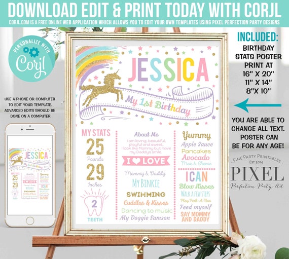 Unicorn Birthday Poster Unicorn 1st Birthday Milestone Poster Rainbow Unicorn Stats Poster Unicorn Party Instant Editable File Corjl MU0 Il_570xn