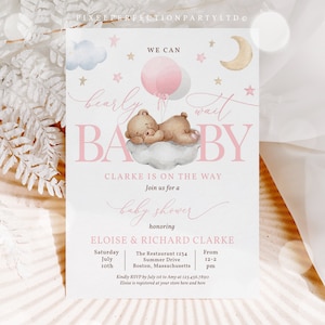 Editable Teddy Bear Balloon Baby Shower Invitation Pink Girl Teddy Bear Cloud Stars Moon Baby Shower We Can Bearly Wait Instant Download CQ2