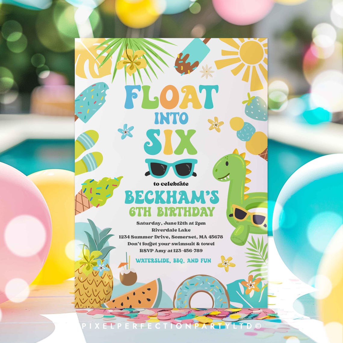 Floating Invite Editable Float Into Six 6th Birthday Pool Party Invitation Tropical ...