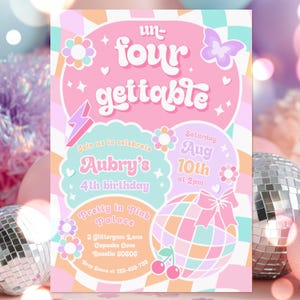 Editable Un-Four-Gettable 4th Birthday Party Invitation Groovy 4th Birthday Party Retro Fashion 4th Birthday Instant Download FT6