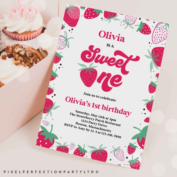 Editable Strawberry 1st Birthday Invitation Berry First Birthday ...